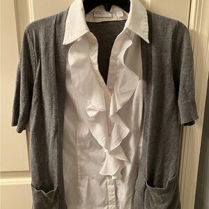 White Ruffle Blouse with attached Gray Cardigan, size M